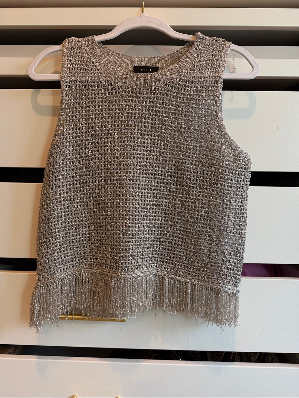 Vici Metallic Knit Fringe Tank — Silver